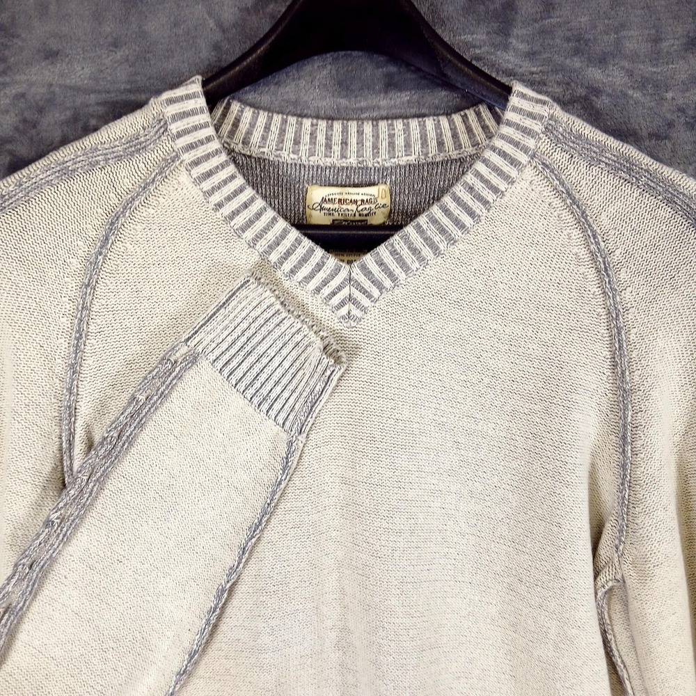 American Rag Cie Sweater Mens Large Beige Gray V Neck Raglan Cotton Knit